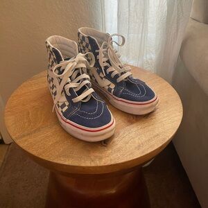 Vans high top blue and white checkered